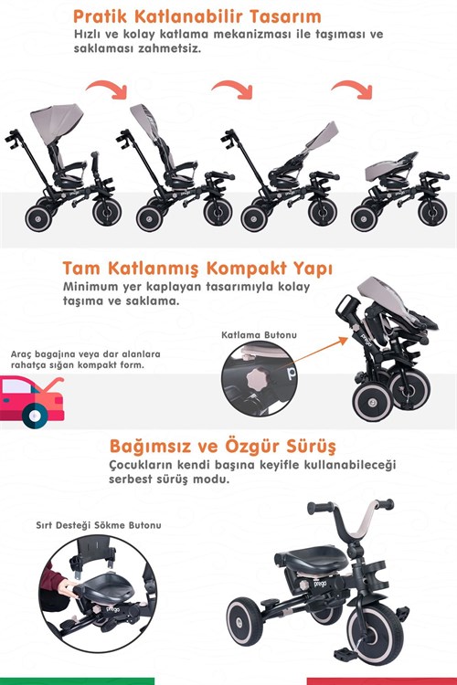 Prego Happy Dino Plus 360° Dönebilen Koltuklu Tamamen Katlanabilir Çocuk Bisikleti Bej P670