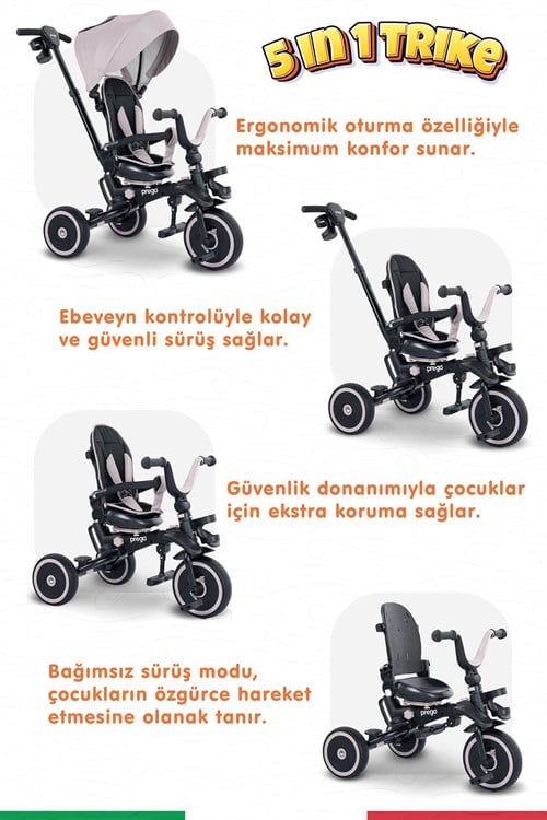 Prego Happy Dino Plus 360° Dönebilen Koltuklu Tamamen Katlanabilir Çocuk Bisikleti Bej P670