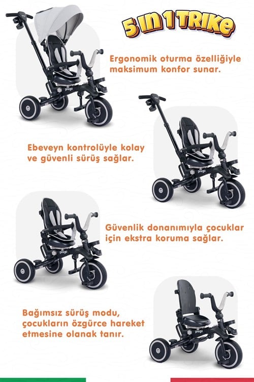 Prego Happy Dino Plus 360° Dönebilen Koltuklu Tamamen Katlanabilir Çocuk Bisikleti Gri P670
