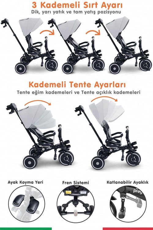 Prego Happy Dino Plus 360° Dönebilen Koltuklu Tamamen Katlanabilir Çocuk Bisikleti Gri P670