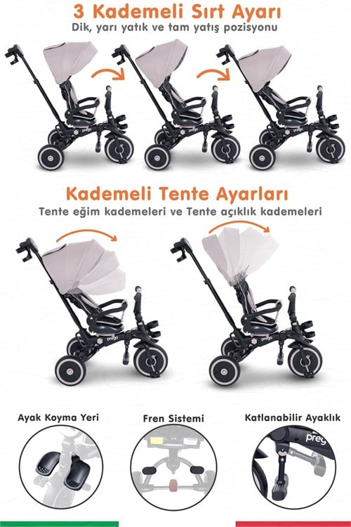 Prego Happy Dino Plus 360° Dönebilen Koltuklu Tamamen Katlanabilir Çocuk Bisikleti Bej P670