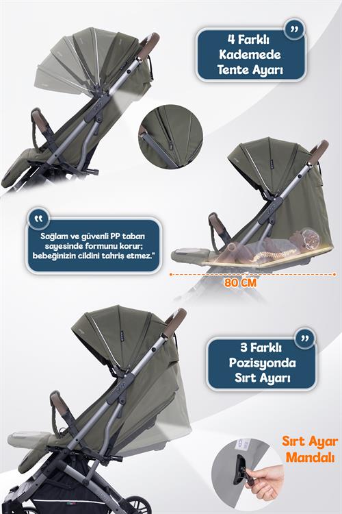 Prego Lotus Pro Kabin Boy Travel Bebek Arabası -Tek Elle Katlanır-Hafif -UV Tenteli -Yağmurluk-Örtü-Kılıf Haki