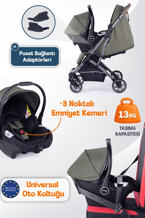 Prego Lotus Pro Kabin Boy Travel Bebek Arabası -Tek Elle Katlanır-Hafif -UV Tenteli -Yağmurluk-Örtü-Kılıf Haki