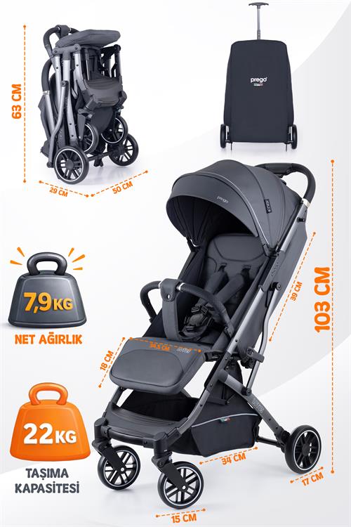 Prego Lotus Pro Kabin Boy Travel Bebek Arabası -Tek Elle Katlanır-Hafif -UV Tenteli -Yağmurluk-Örtü-Kılıf Gri