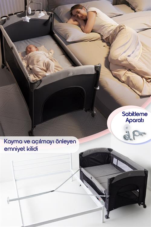 Prego Next To Me 10in1 Anne Yanı Park Yatak Oyun Parkı Sallanır Beşik Yana Açılır 70x120 Cm GRİ + Yatak Hediye