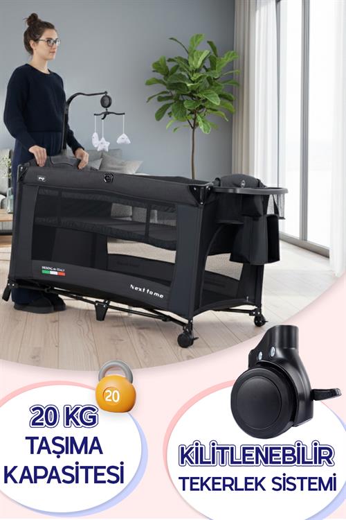 Prego Next To Me 10in1 Anne Yanı Park Yatak Oyun Parkı Sallanır Beşik Yana Açılır 70x120 Cm FÜME + Yatak Hediye