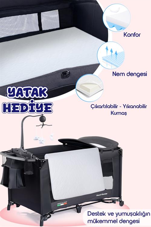 Prego Next To Me 10in1 Anne Yanı Park Yatak Oyun Parkı Sallanır Beşik Yana Açılır 70x120 Cm FÜME + Yatak Hediye