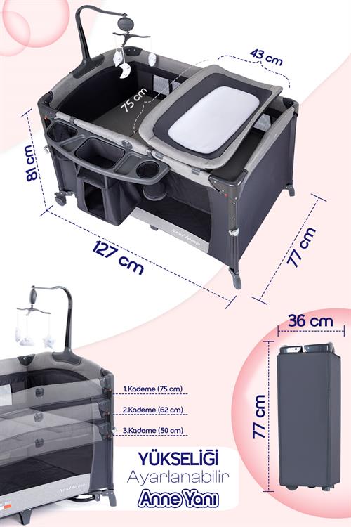 Prego Next To Me 10in1 Anne Yanı Park Yatak Oyun Parkı Sallanır Beşik Yana Açılır 70x120 Cm GRİ + Yatak Hediye