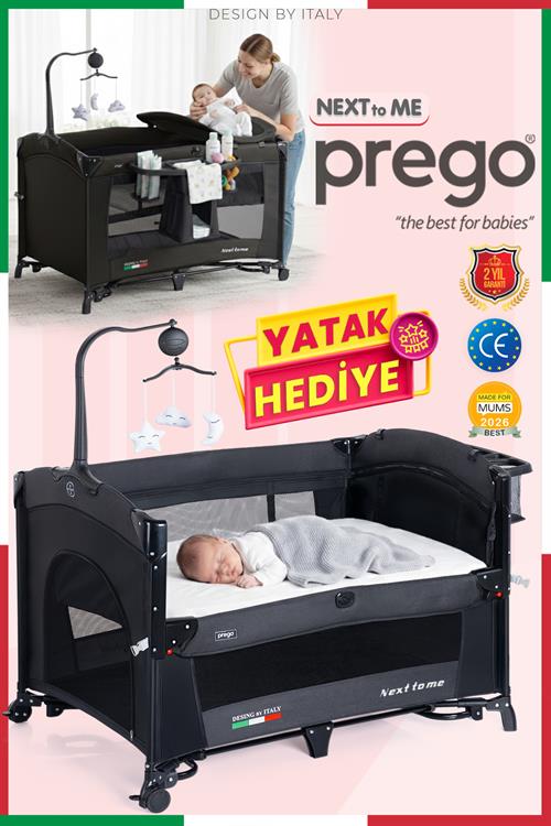 Prego Next To Me 10in1 Anne Yanı Park Yatak Oyun Parkı Sallanır Beşik Yana Açılır 70x120 Cm FÜME + Yatak Hediye