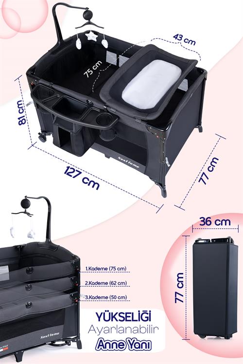 Prego Next To Me 10in1 Anne Yanı Park Yatak Oyun Parkı Sallanır Beşik Yana Açılır 70x120 Cm FÜME + Yatak Hediye
