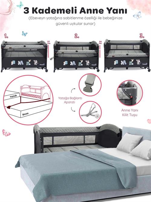 Prego Premium Anne Yanı Oyun Parkı 70*120 Cm Gri + Yatak Hediyeli