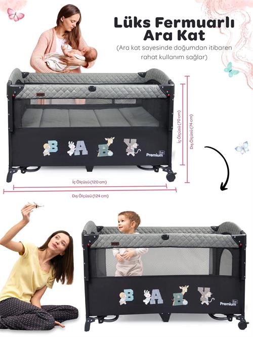 Prego Premium Anne Yanı Oyun Parkı 70*120 Cm Gri + Yatak Hediyeli