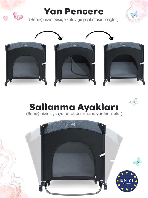 Prego Premium Line Alt Açma Üniteli FÜME Anne Yanı Oyun Parkı 70*120 Füme 8049