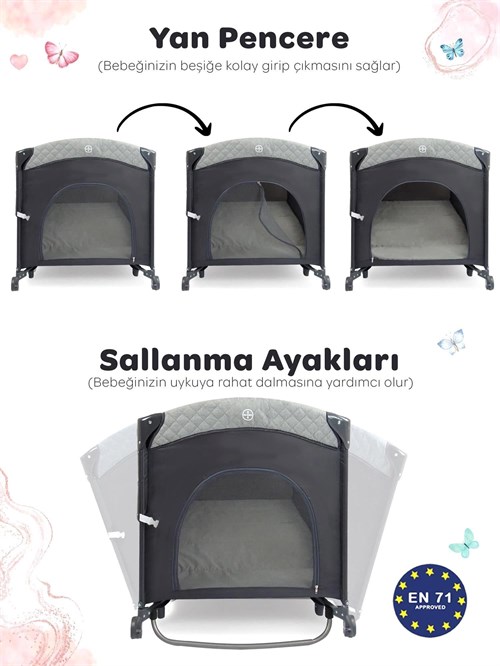 Prego Premium Line Alt Açma Üniteli GRİ Anne Yanı Oyun Parkı 70*120 Gri 8049
