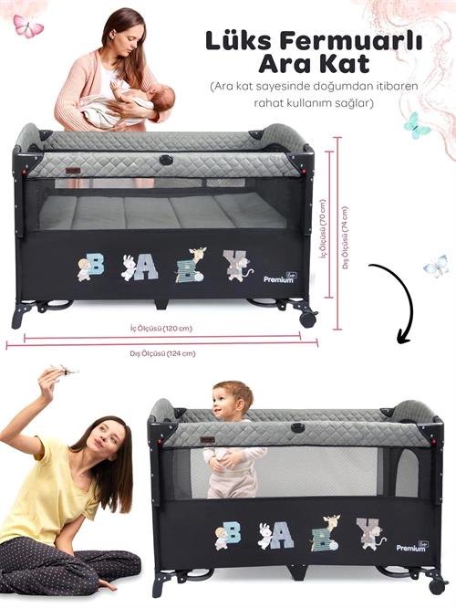 Prego Premium Line Alt Açma Üniteli GRİ Anne Yanı Oyun Parkı 70*120 Gri 8049