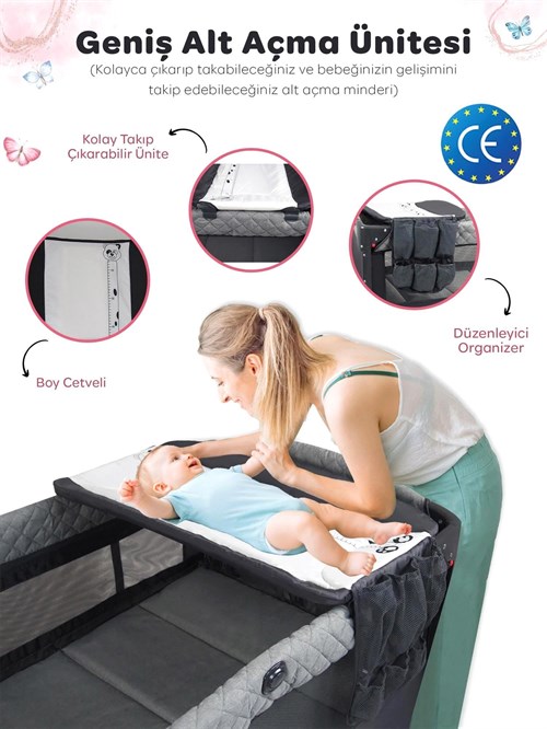 Prego Premium Line Alt Açma Üniteli GRİ Anne Yanı Oyun Parkı 70*120 Gri 8049