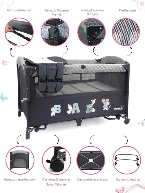 Prego Premium Line Alt Açma Üniteli GRİ Anne Yanı Oyun Parkı 70*120 Gri 8049