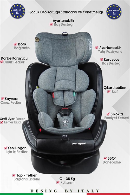 Prego Profix Pro Signal 360 Derece Dönebilen 0-36 Kg Isofixli Oto Koltuğu Gri 4093
