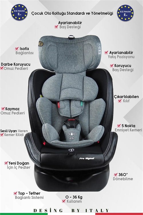 Prego Profix Pro Signal 360 Derece Dönebilen 0-36 Kg Isofixli Oto Koltuğu Gri 4093