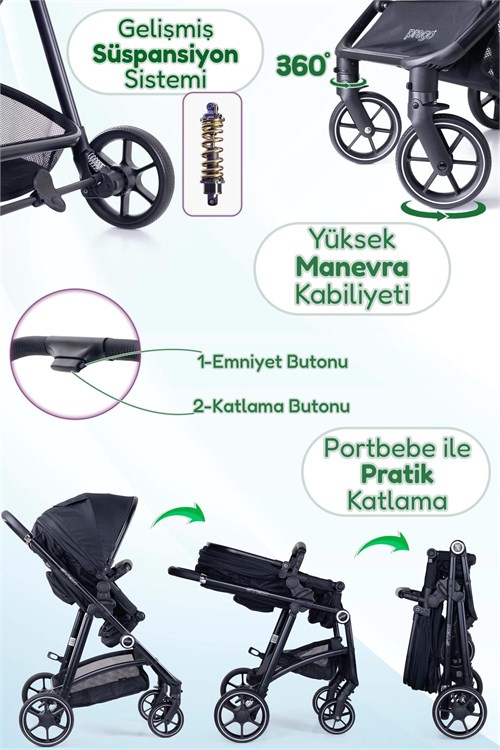 Prego Stein Portbebeli Travel Bebek Arabası Siyah 2097