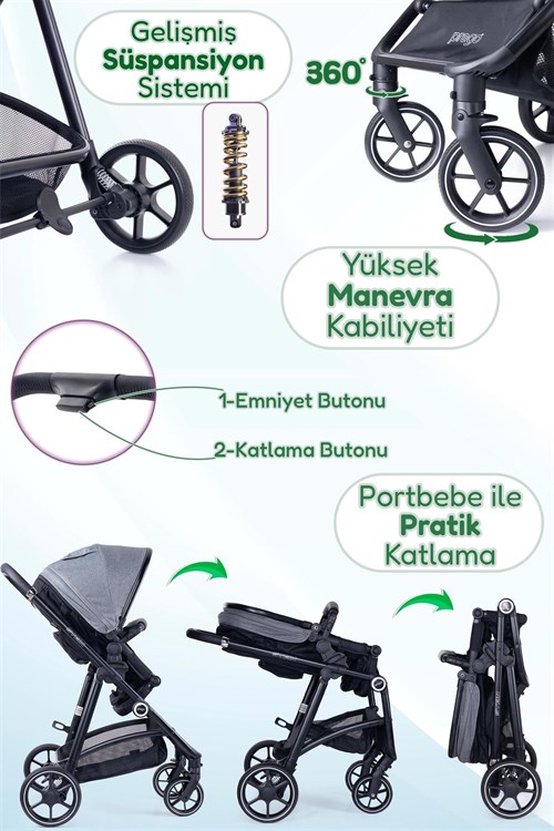 Prego Stein Portbebeli Travel Bebek Arabası Gri 2097