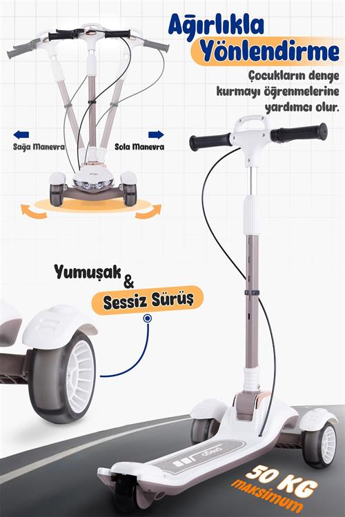 Prego Veyron Bluetoothlu Müzikli Işıklı Çocuk Scooter Bej K-660