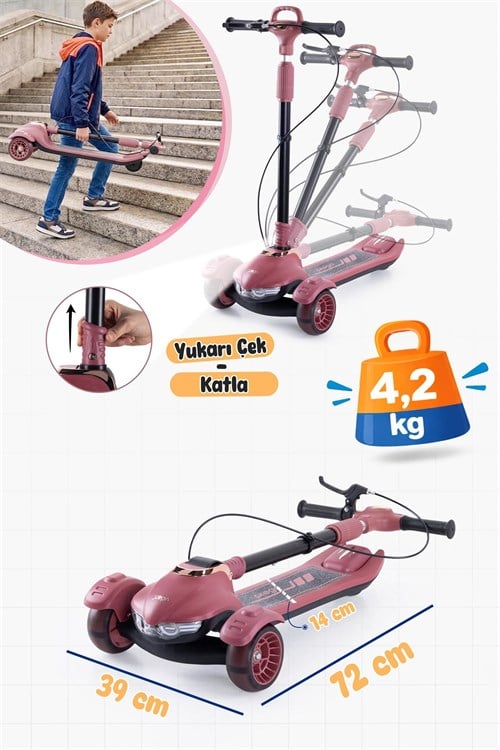 Prego Veyron Bluetoothlu Müzikli Işıklı Çocuk Scooter Kırmızı  K-660