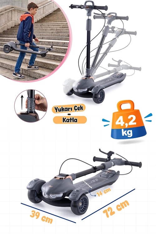 Prego Veyron  Bluetoothlu Müzikli Işıklı Çocuk Scooter Gri K-660
