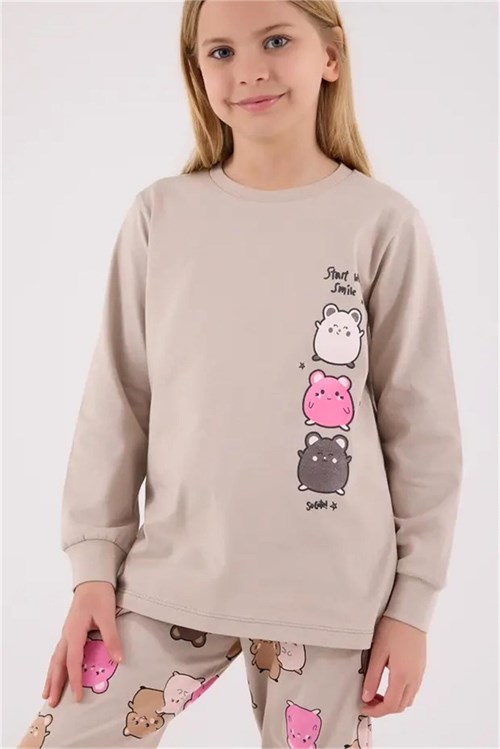 RolyPoly Kız Çocuk Baskılı Pijama Takımı Bej RP3704-2
