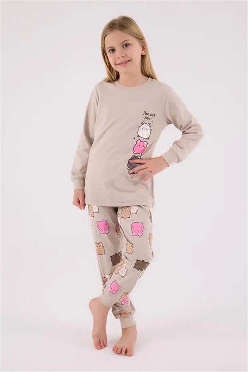 RolyPoly Kız Çocuk Baskılı Pijama Takımı Bej RP3704-2