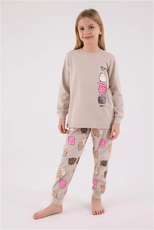 RolyPoly Kız Çocuk Baskılı Pijama Takımı Bej RP3704-2