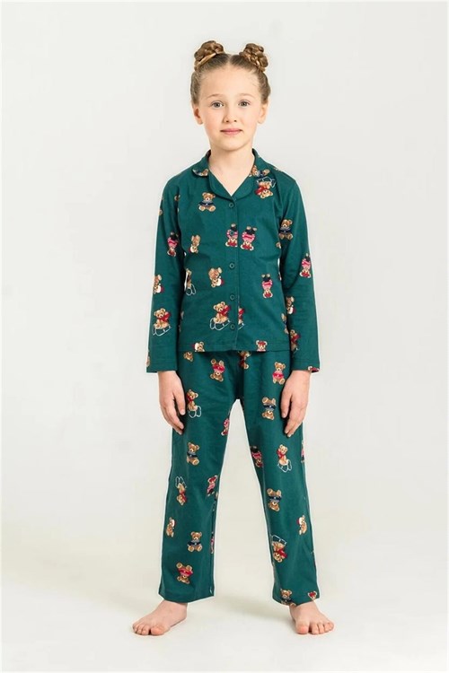 RolyPoly Kız Çocuk Winter Bear Gömlek Pijama Takımı Yeşil RP3919-3