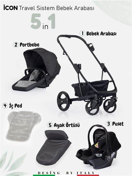 Sunny Baby 9023 İcon Travel Sistem Bebek Arabası Siyah 