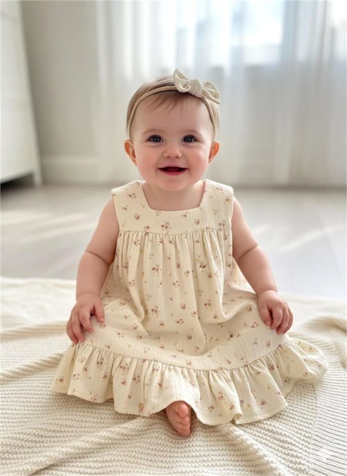 Tiffany Baby Kız Bebek Rose Dream Theme Müslin Elbise Krem 55086