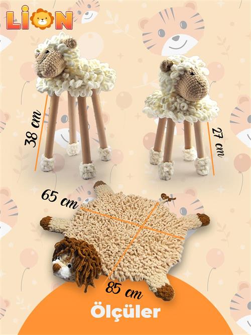 Tiffany Lion El Örgü Tabure Ve Halı Seti 3 Parça Kahve 931025