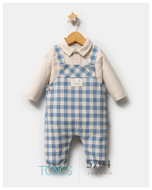 Tongs Baby Erkek Bebek Plaid Kareli Salopet Body Takım Mavi 5794