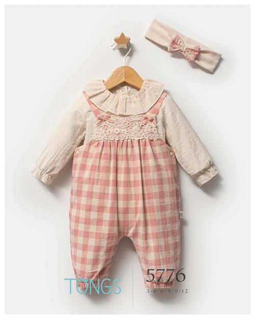 Tongs Baby Kız Bebek Sensitive Saç Bantlı Salopet Body Takım Pembe 5776