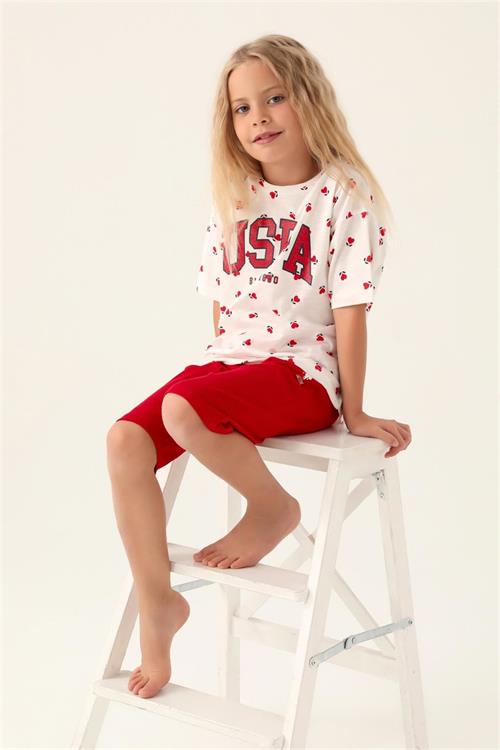 U.S. Polo Assn. Kız Çocuk Kapri Takım Krem Kırmızı US1831-G