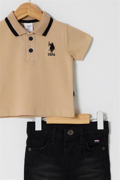 U.S. Polo Assn. Erkek Bebek Tişört Kot Pantolon Takım Bej USB2626