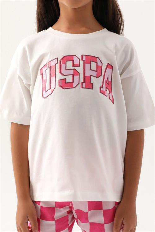 U.S. Polo Assn. Kız Çocuk Tişört Şort Takım Krem US1813-G