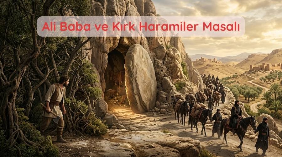 Ağaç köklerinin arkasında gizlenerek mağaranın girişindeki hareketliliği izleyen Ali Baba kayanın açılmasıyla hazinenin parıltısını görür Patikada ilerleyen haramiler ise atlarına yüklenmiş ganimetlerle kaleden uzaklaşarak çöle doğru yol almaktadır.