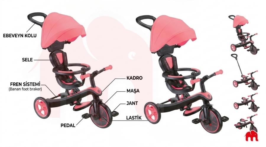 Globber Explorer 4in1 Trike Bisiklet Pembe modelin bisiklet parçalarını ve isimlerini tanıtan kapak görseli