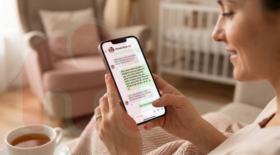 Yeni doğum yapan anneye mesaj olarak duygusal ifadeler kullanan ve o anne ile mesajlaştıkları sohbet ekranının gösterildiği görsel