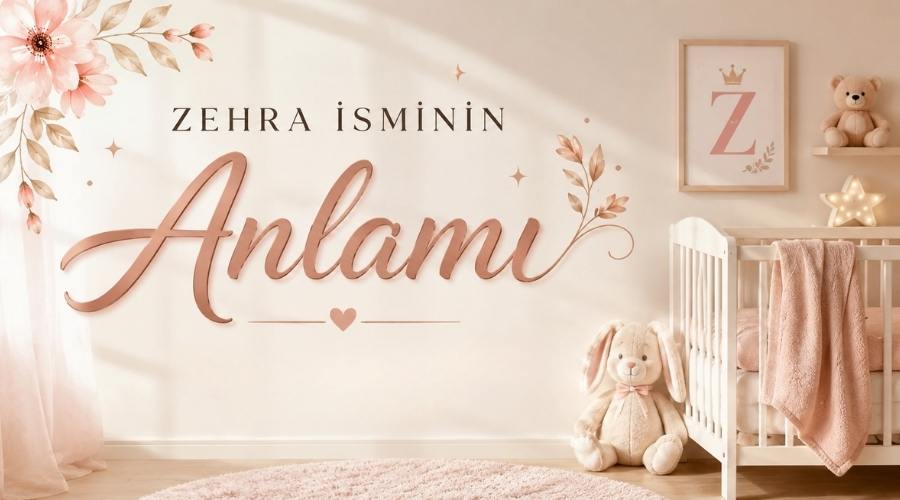 Pastel pembe tonlarında bebek odasında Zehra isminin anlamı yazılı oyuncak tavşanlı sıcak ve huzurlu kız bebek konsepti