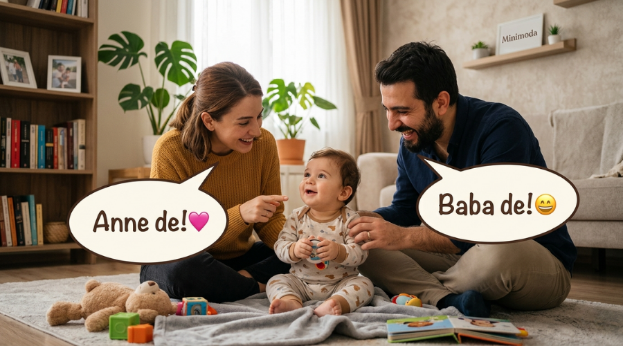 Bebekler ne zaman konuşmaya başlar? bebeklerini anne de ve baba de şeklinde konuşturmaya çalışan mutlu bir aile