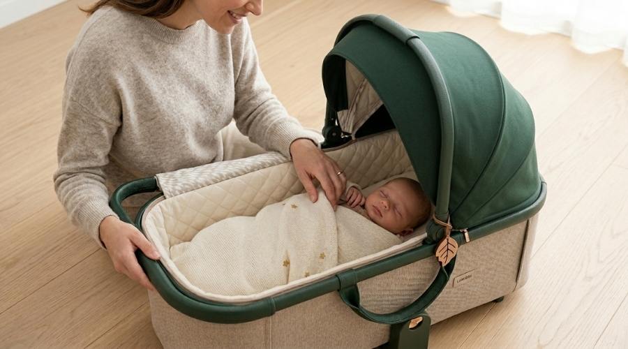 bej rengi gövdeye sahip yeşil tenteli portbebe içerisinde yıldızlı beyaz kundakla uyuyan yenidoğan bir bebek ve bebeği şefkatle seven gülümseyen genç bir anne
