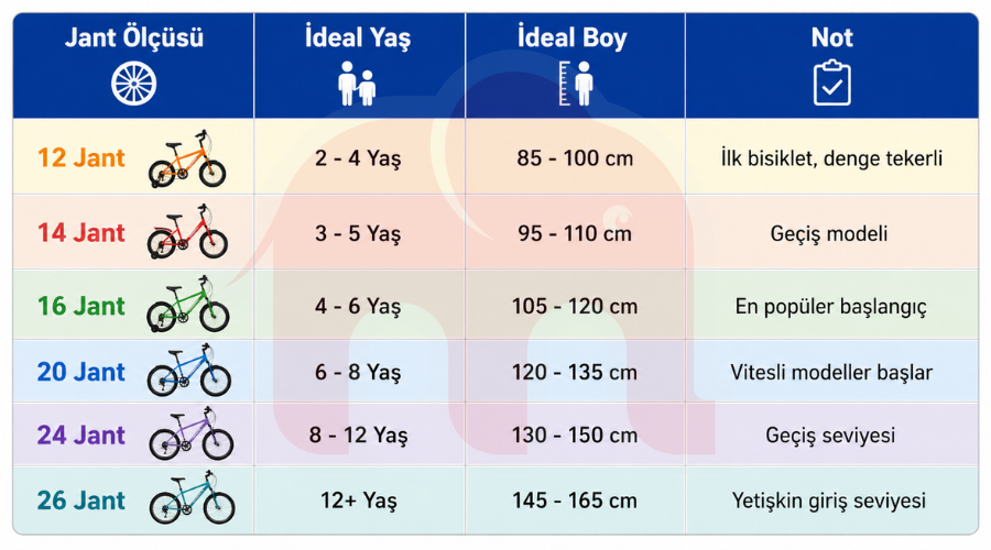 Jant numaralarına göre bisikletleri hangi yaşında ve hangi uzunlukta çocukların kullanacağını gösteren tablo