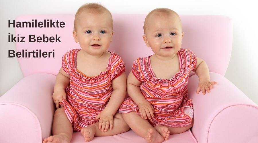 Hamilelikte ikiz bebek belirtileri başlıklı pembe kanepe üzerinde oturan pembe elbiseli ikiz kız bebekler