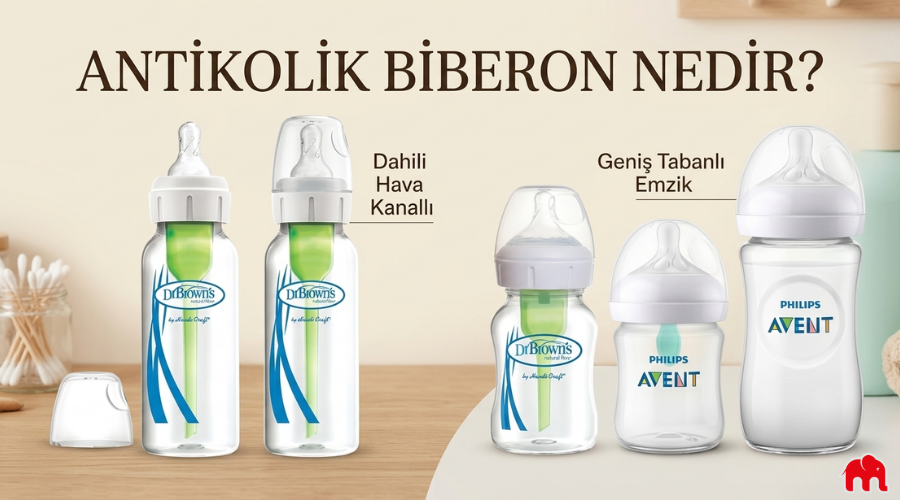 Antikolik biberon nedir? başlıklı dahili hava kanallı dr. brown's ve geniş tabanlı emzik philips avent antikolik biberonlarını gösteren görsel