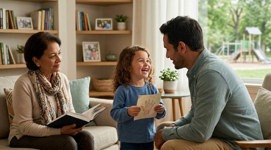 Gülümseyen küçük kız kağıttan el izini babasına gösteriyor yanında babaannesi kitap tutuyor pencerede park ve ağaçlar görünüyor çocuk hakları